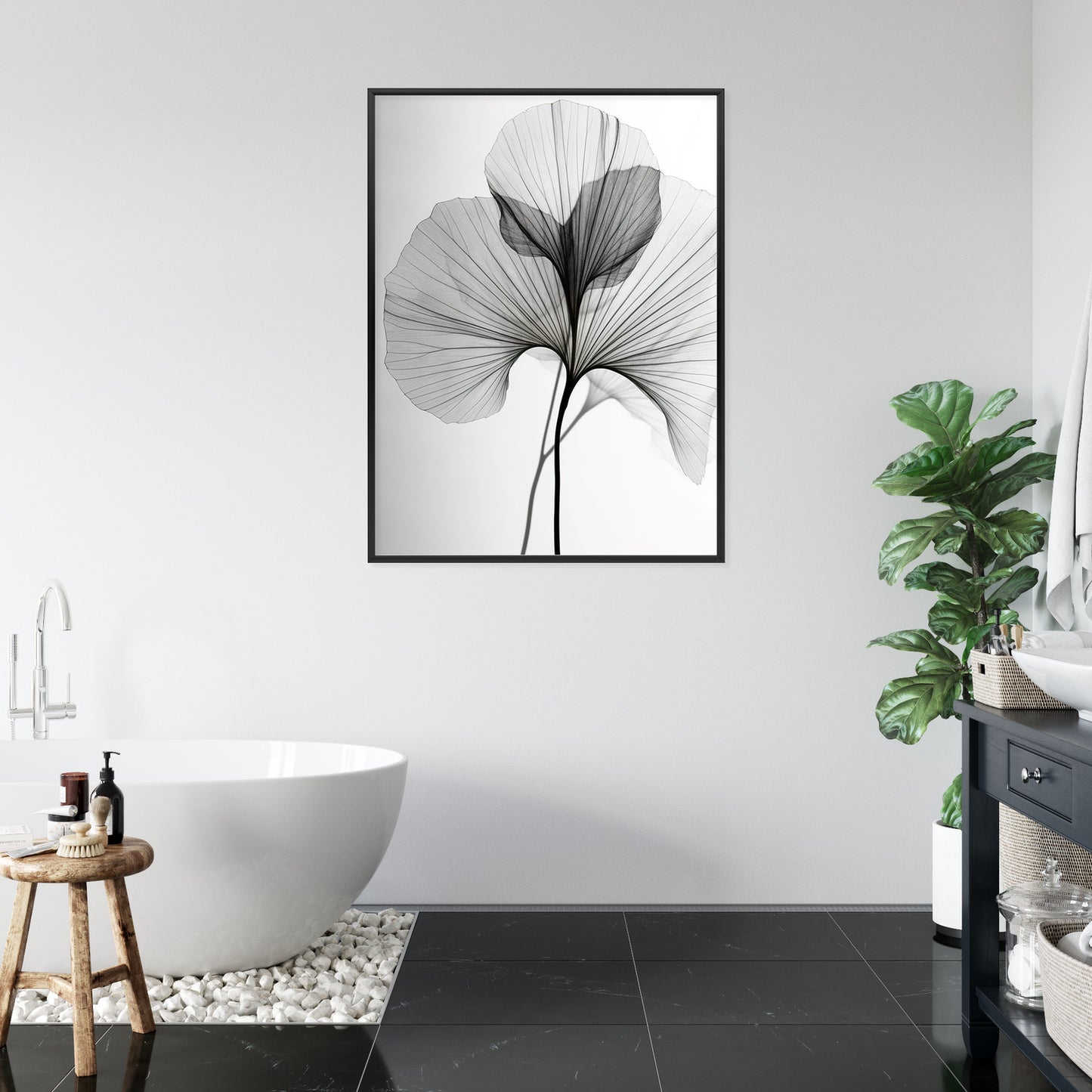 Poster Schwarze Ginkgoblätter Rahmen Hölzern Farbe Natürlich