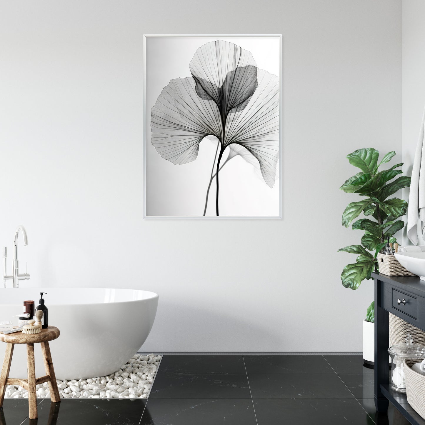 Poster Schwarze Ginkgoblätter Rahmen Hölzern Farbe Natürlich
