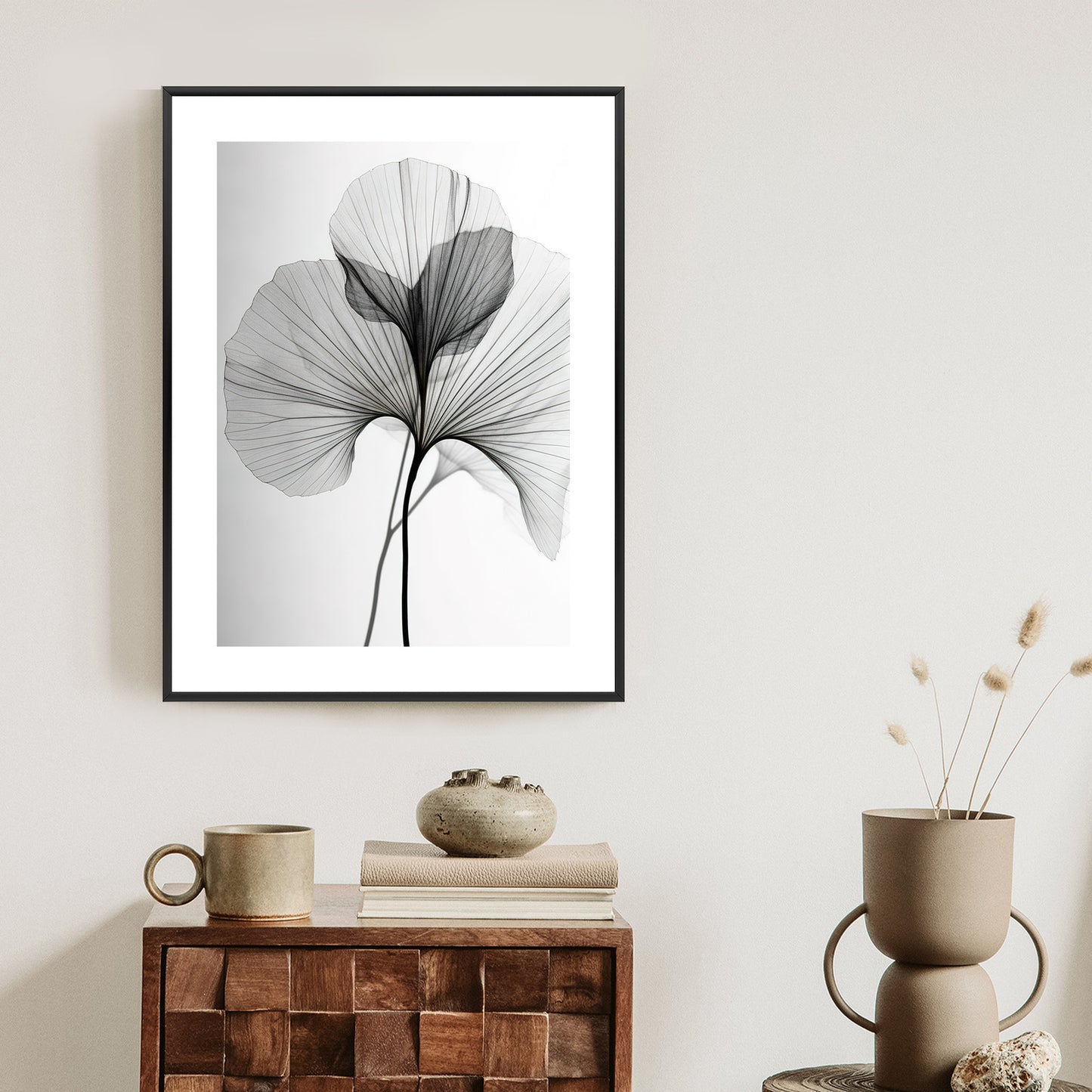Poster Schwarze Ginkgoblätter Rahmen Hölzern Farbe Natürlich