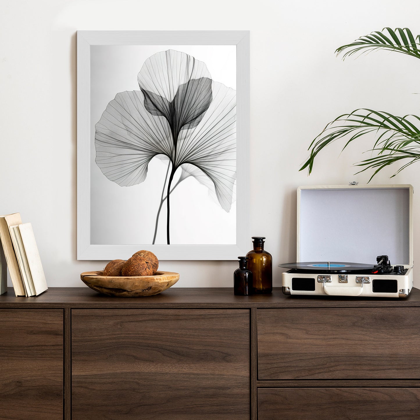 Poster Schwarze Ginkgoblätter Rahmen Hölzern Farbe Natürlich