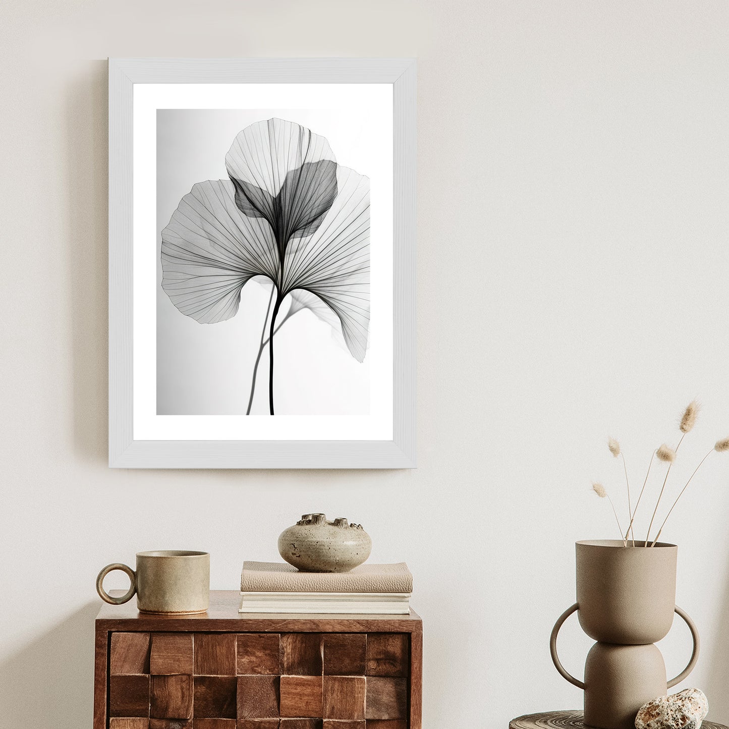 Poster Schwarze Ginkgoblätter Rahmen Hölzern Farbe Natürlich