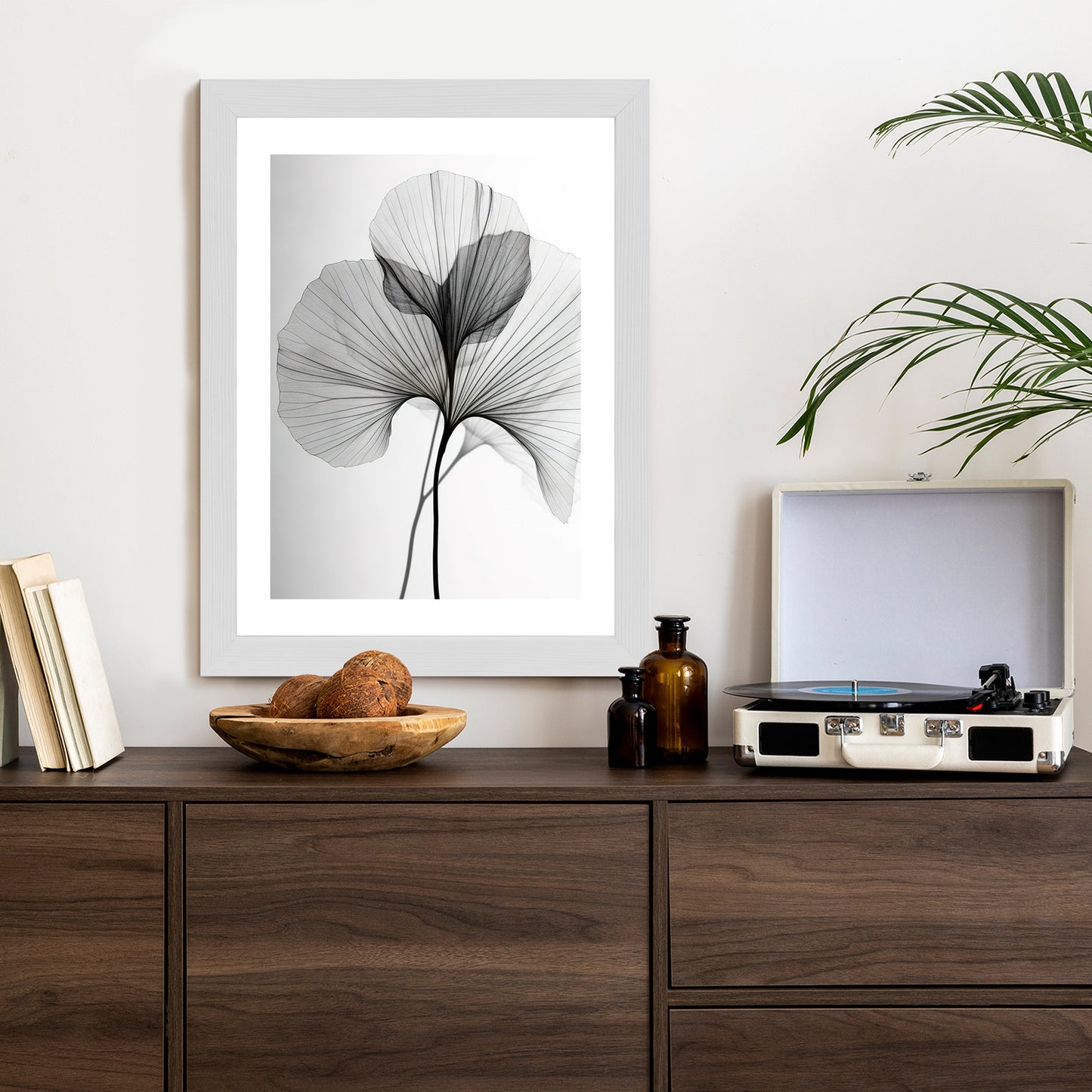 Poster Schwarze Ginkgoblätter Rahmen Hölzern Farbe Natürlich