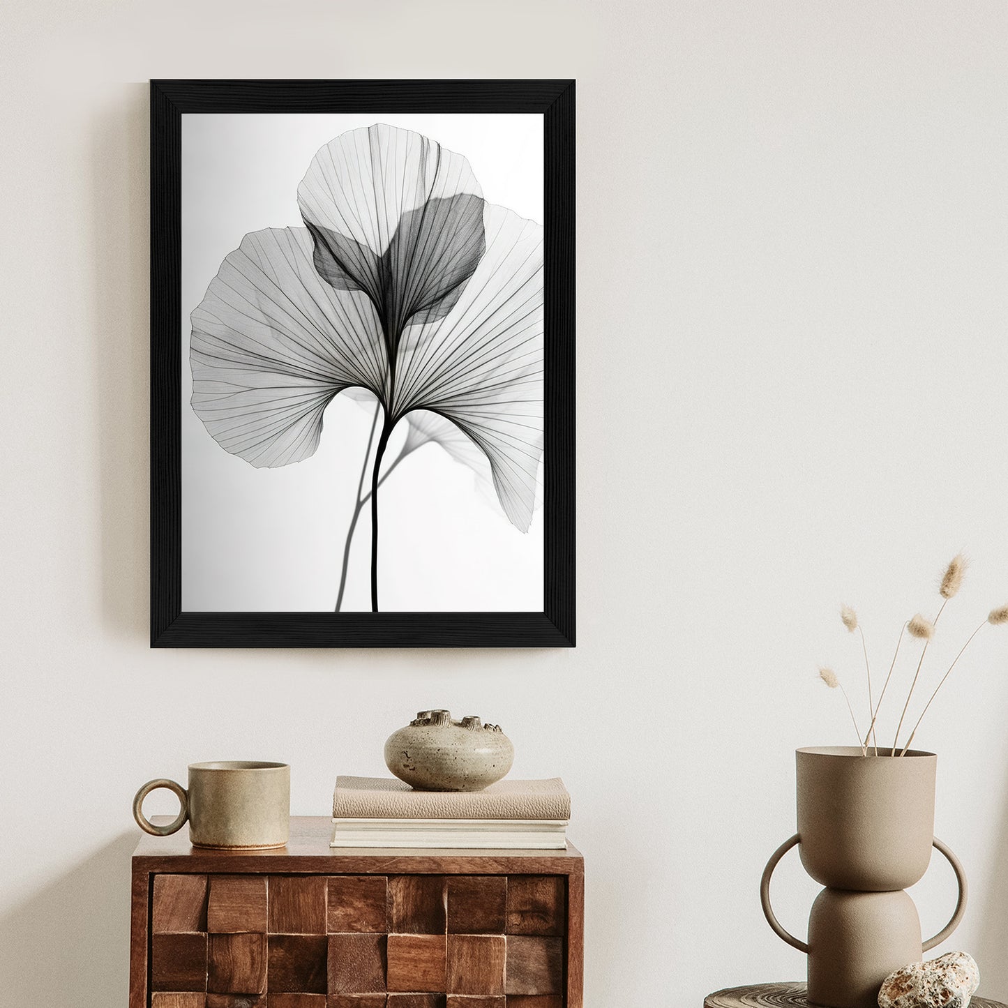 Poster Schwarze Ginkgoblätter Rahmen Hölzern Farbe Natürlich