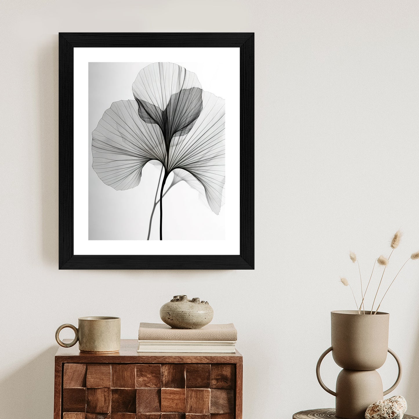 Poster Schwarze Ginkgoblätter Rahmen Hölzern Farbe Natürlich