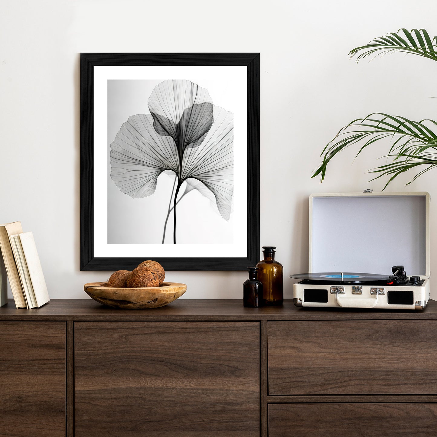 Poster Schwarze Ginkgoblätter Rahmen Hölzern Farbe Natürlich