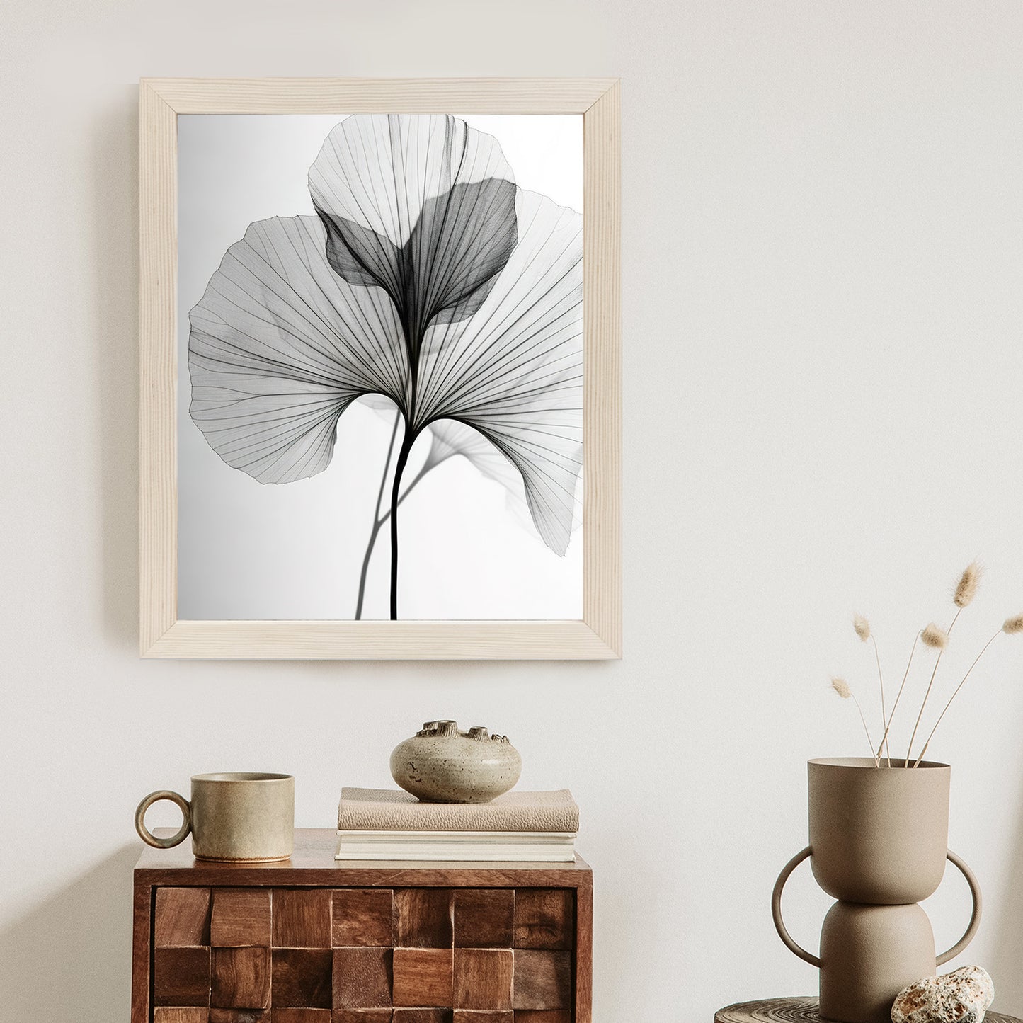 Poster Schwarze Ginkgoblätter Rahmen Hölzern Farbe Natürlich