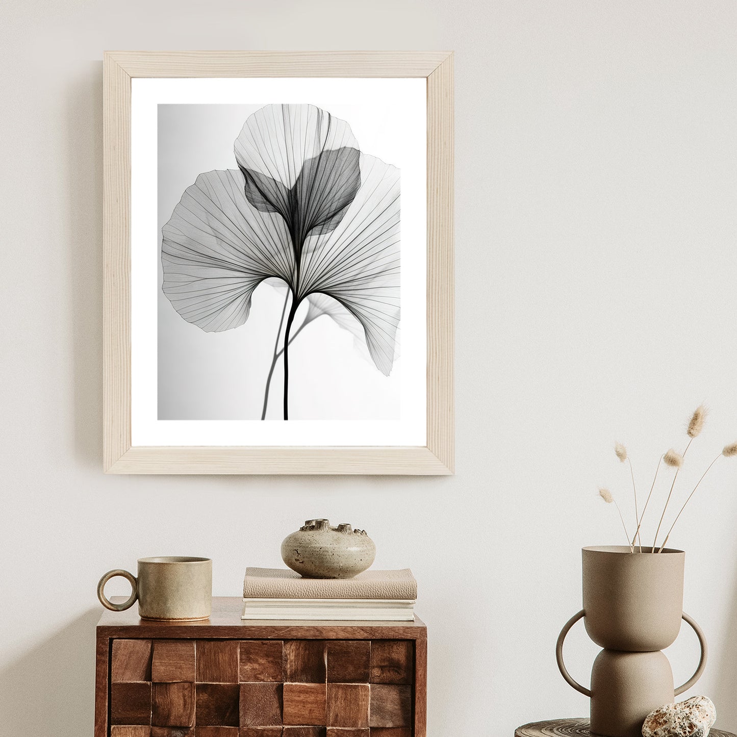 Poster Schwarze Ginkgoblätter Rahmen Hölzern Farbe Natürlich