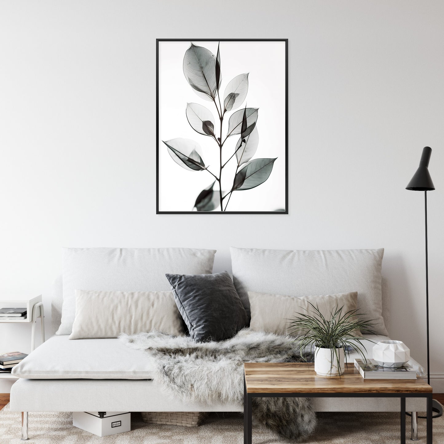Poster Ein Zweig Mit Grauen Blättern Auf Hellblauem Hintergrund Rahmen Holz Mit Passepartout Farbe Natürlich