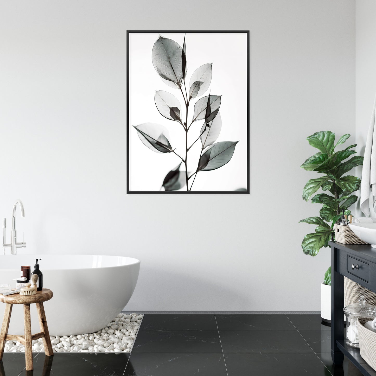 Poster Ein Zweig Mit Grauen Blättern Auf Hellblauem Hintergrund Rahmen Holz Mit Passepartout Farbe Natürlich