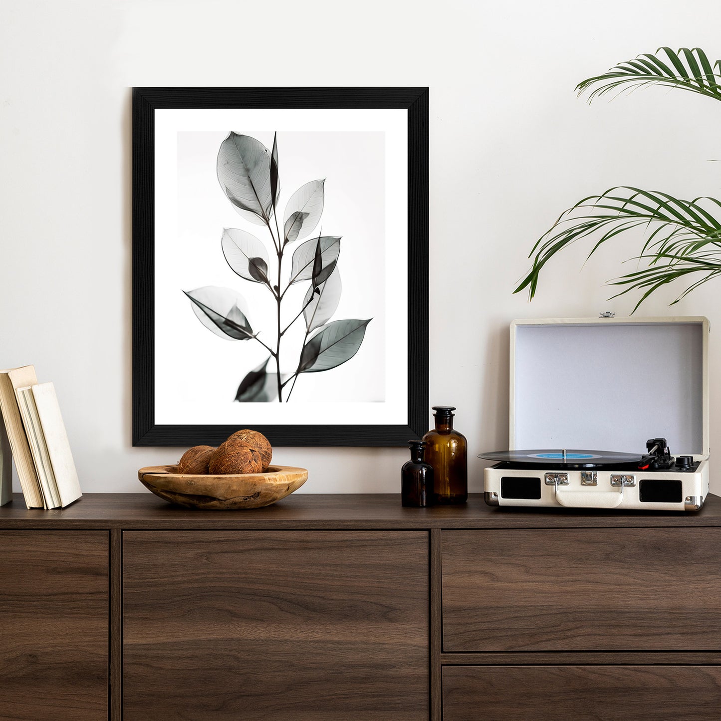 Poster Ein Zweig Mit Grauen Blättern Auf Hellblauem Hintergrund Rahmen Holz Mit Passepartout Farbe Natürlich