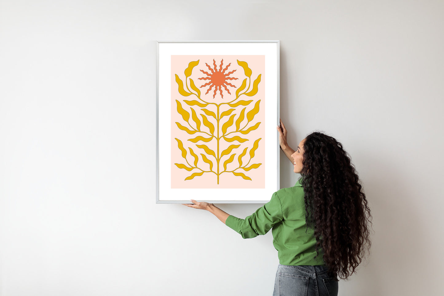Poster Minimalistische Pflanze Im Boho-Stil Rahmen Holz Mit Passepartout Farbe Natürlich