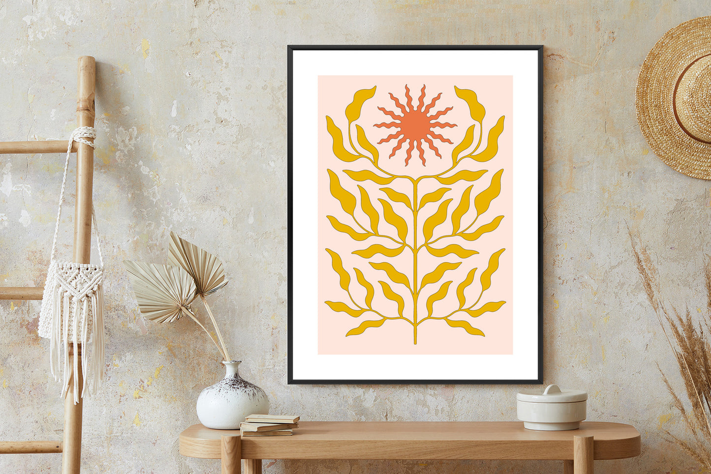 Poster Minimalistische Pflanze Im Boho-Stil Rahmen Holz Mit Passepartout Farbe Natürlich