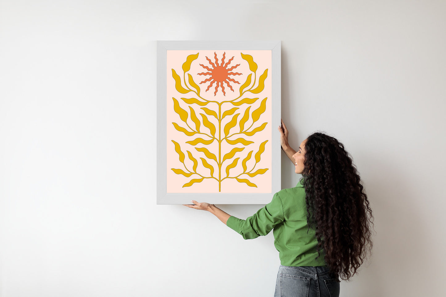 Poster Minimalistische Pflanze Im Boho-Stil Rahmen Holz Mit Passepartout Farbe Natürlich