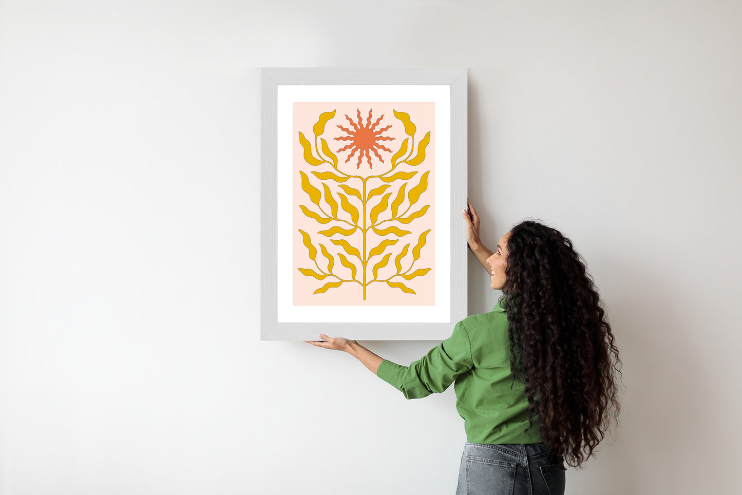 Poster Minimalistische Pflanze Im Boho-Stil Rahmen Holz Mit Passepartout Farbe Natürlich