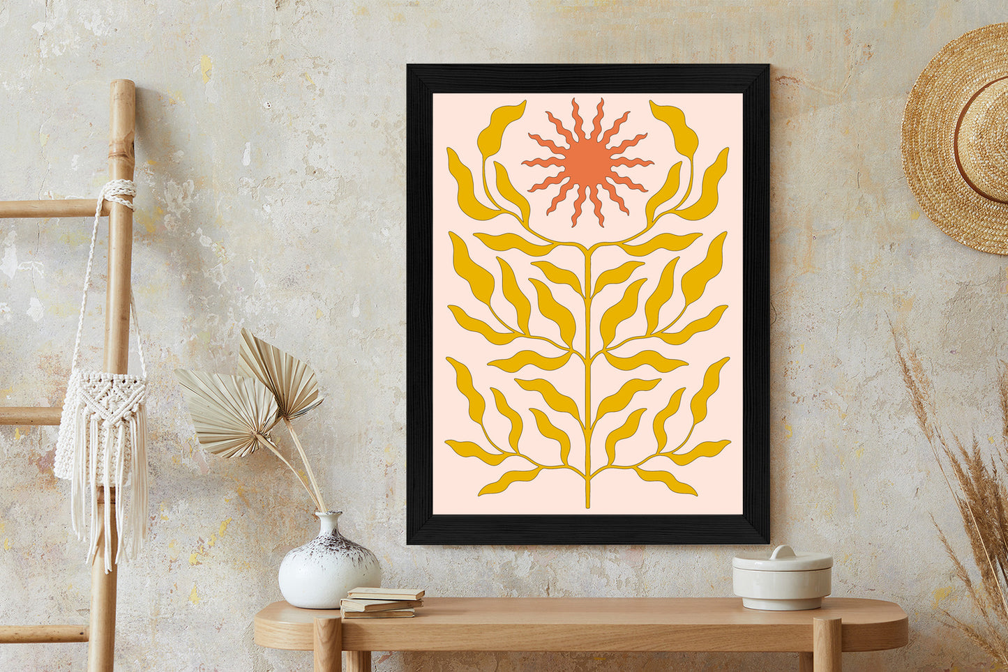 Poster Minimalistische Pflanze Im Boho-Stil Rahmen Holz Mit Passepartout Farbe Natürlich