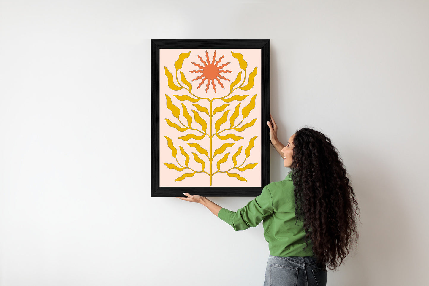 Poster Minimalistische Pflanze Im Boho-Stil Rahmen Holz Mit Passepartout Farbe Natürlich