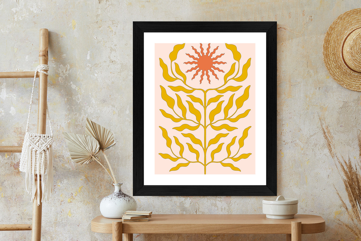 Poster Minimalistische Pflanze Im Boho-Stil Rahmen Holz Mit Passepartout Farbe Natürlich