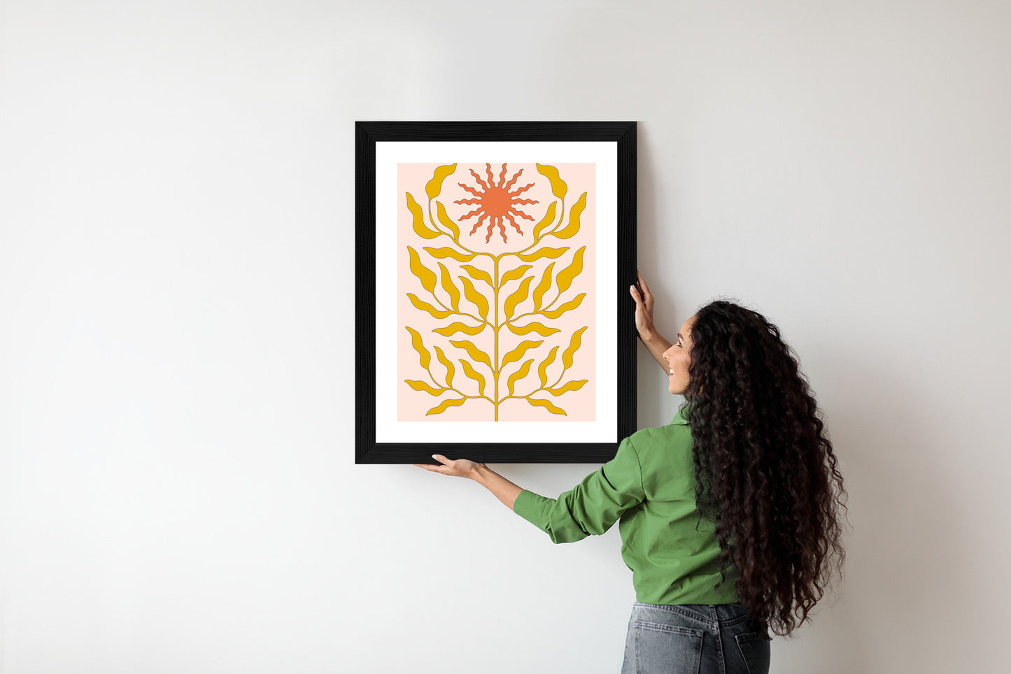 Poster Minimalistische Pflanze Im Boho-Stil Rahmen Holz Mit Passepartout Farbe Natürlich