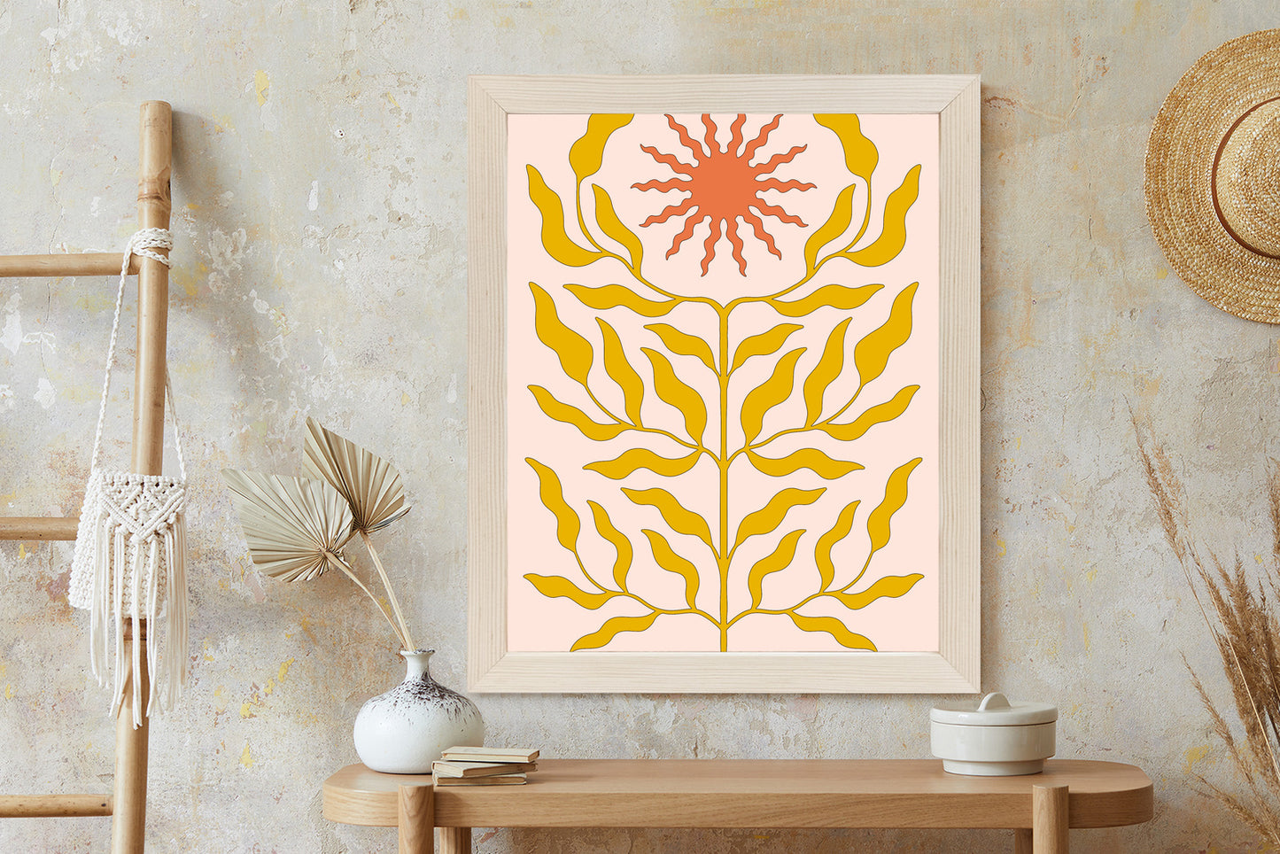Poster Minimalistische Pflanze Im Boho-Stil Rahmen Holz Mit Passepartout Farbe Natürlich