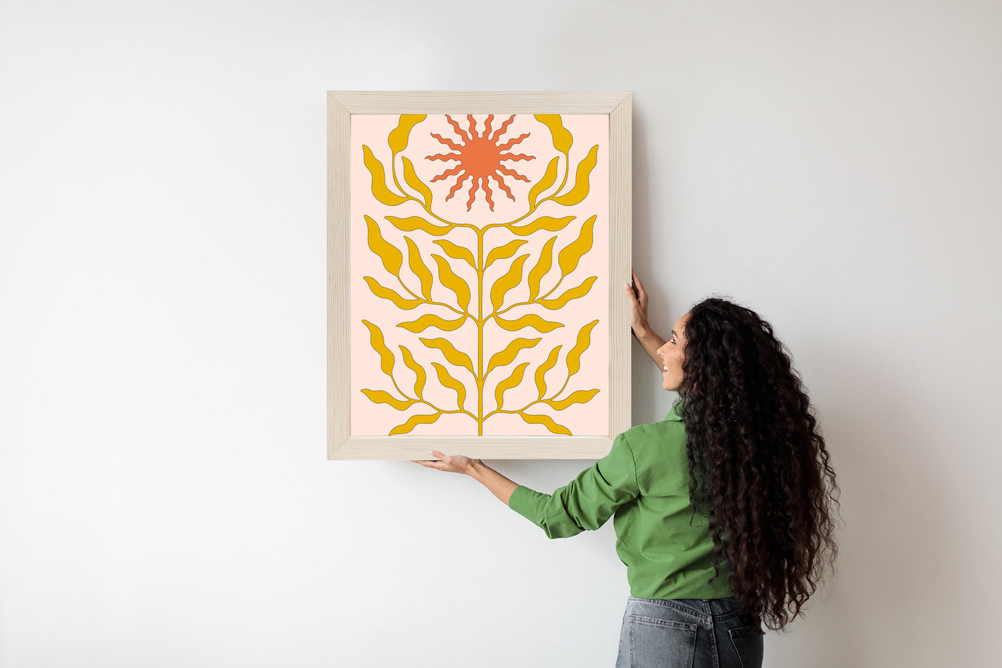 Poster Minimalistische Pflanze Im Boho-Stil Rahmen Holz Mit Passepartout Farbe Natürlich