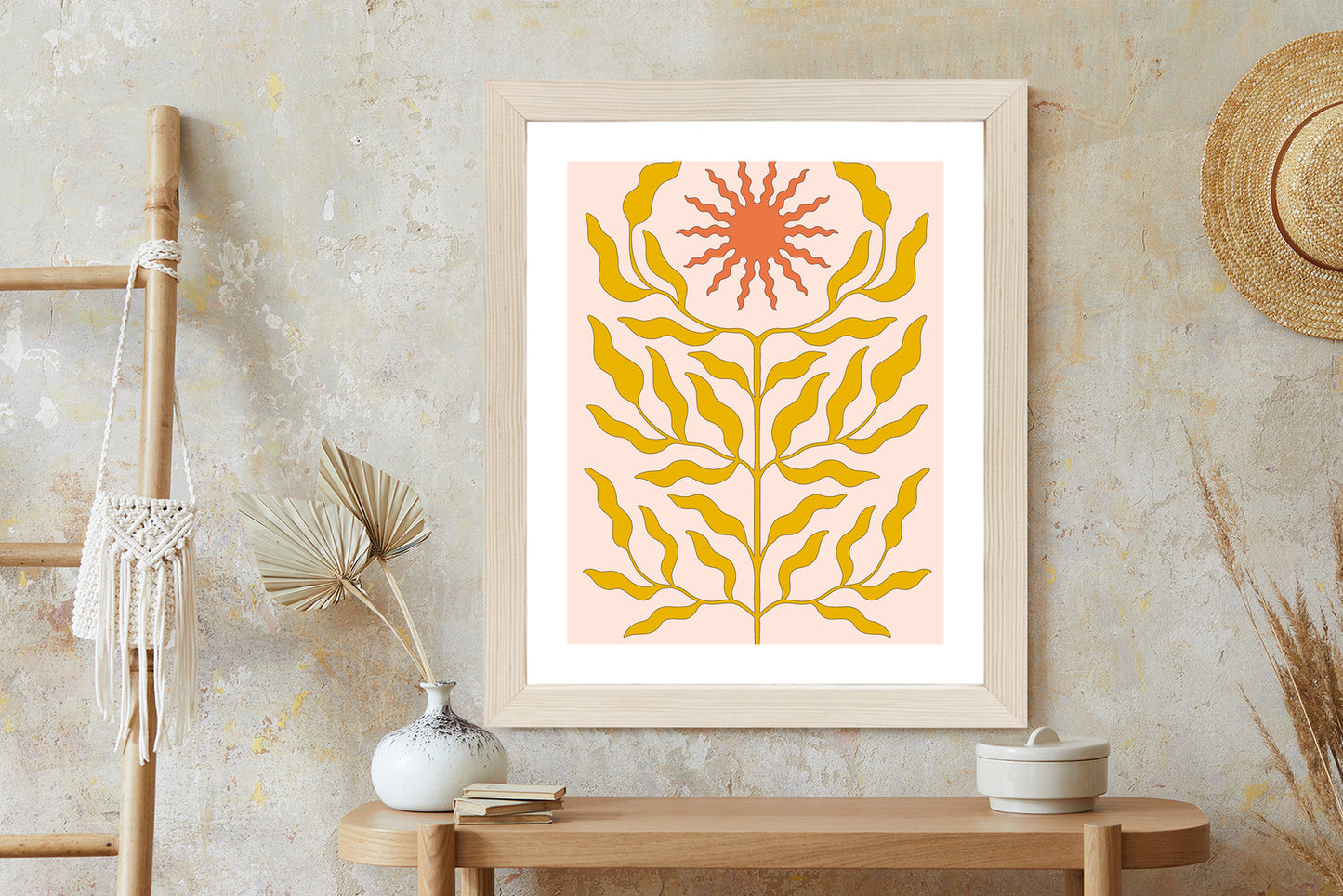 Poster Minimalistische Pflanze Im Boho-Stil Rahmen Holz Mit Passepartout Farbe Natürlich