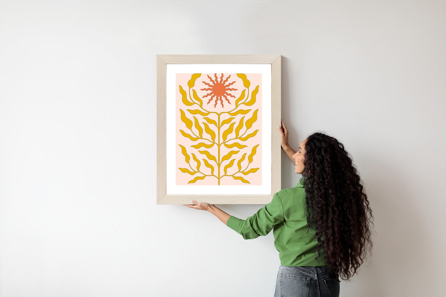Poster Minimalistische Pflanze Im Boho-Stil Rahmen Holz Mit Passepartout Farbe Natürlich