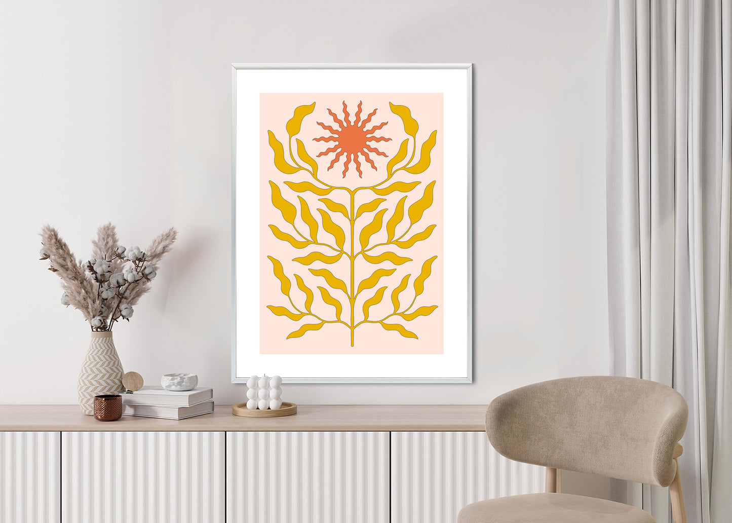 Poster Minimalistische Pflanze Im Boho-Stil Rahmen Holz Mit Passepartout Farbe Natürlich