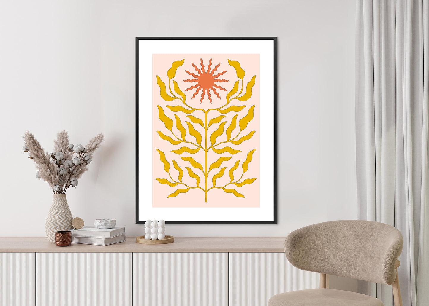 Poster Minimalistische Pflanze Im Boho-Stil Rahmen Holz Mit Passepartout Farbe Natürlich