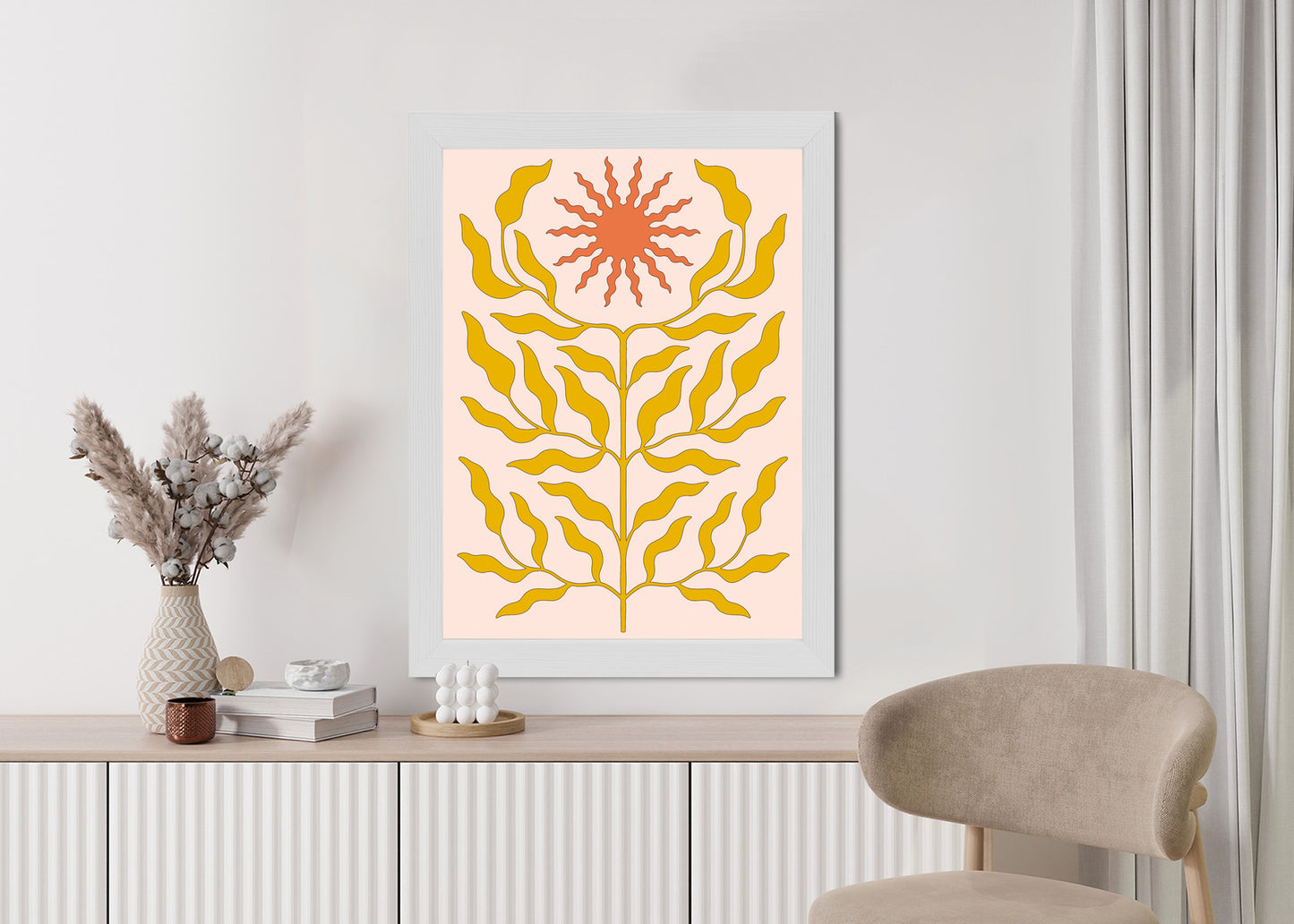 Poster Minimalistische Pflanze Im Boho-Stil Rahmen Holz Mit Passepartout Farbe Natürlich