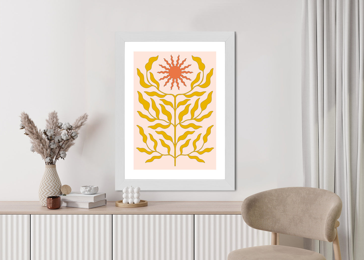 Poster Minimalistische Pflanze Im Boho-Stil Rahmen Holz Mit Passepartout Farbe Natürlich