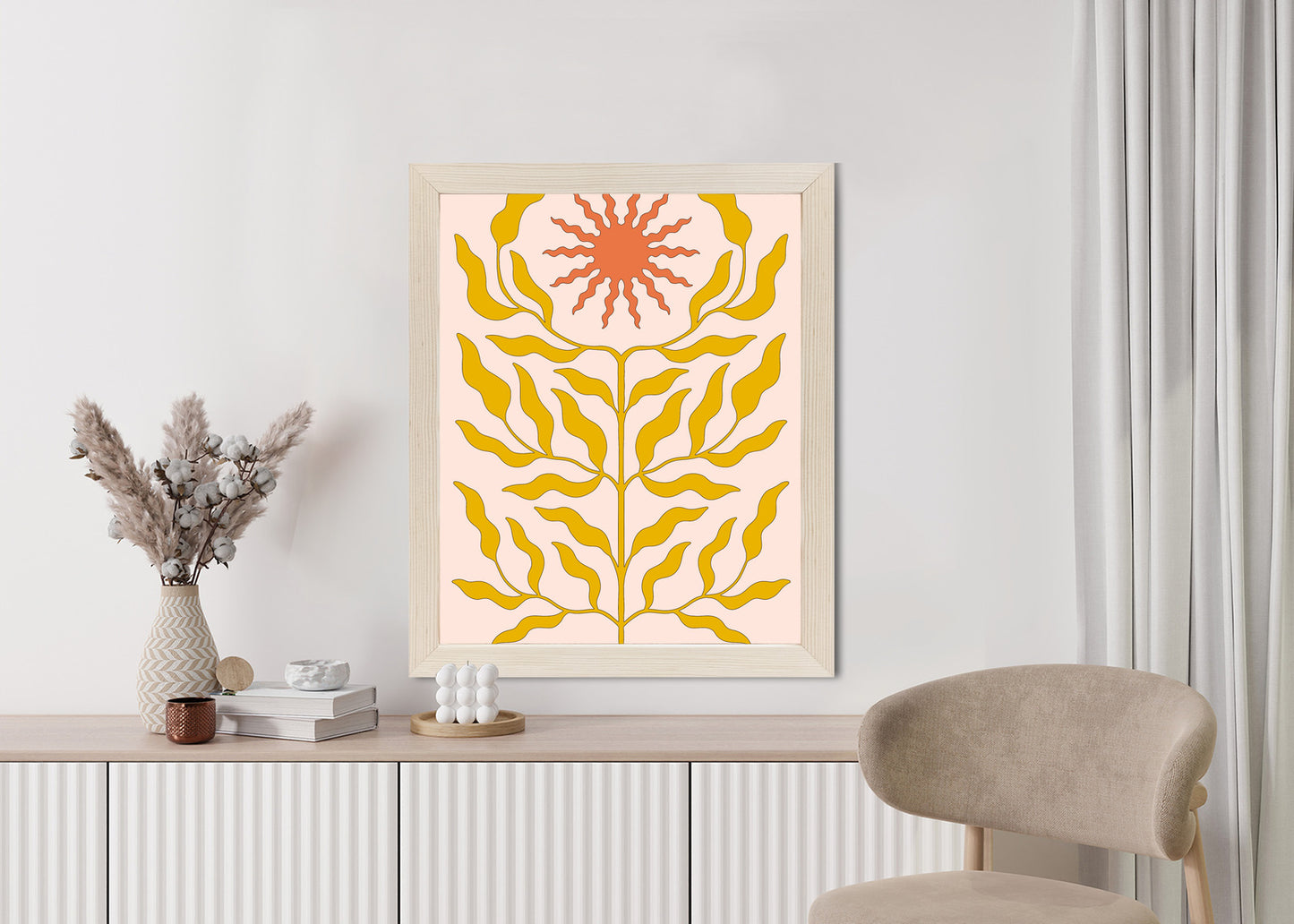 Poster Minimalistische Pflanze Im Boho-Stil Rahmen Holz Mit Passepartout Farbe Natürlich