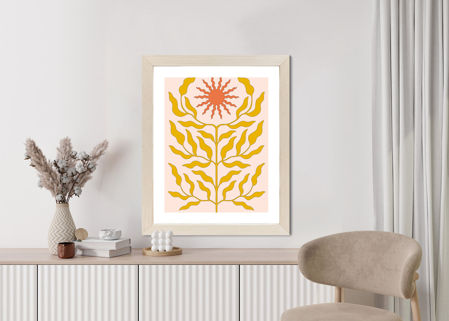 Poster Minimalistische Pflanze Im Boho-Stil Rahmen Holz Mit Passepartout Farbe Natürlich