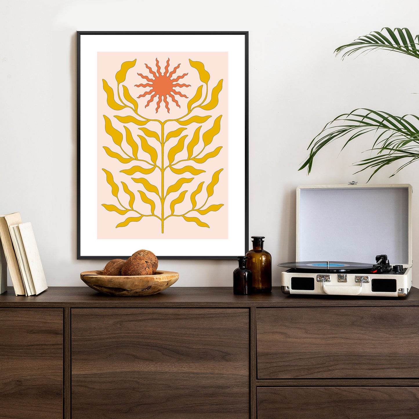 Poster Minimalistische Pflanze Im Boho-Stil Rahmen Holz Mit Passepartout Farbe Natürlich