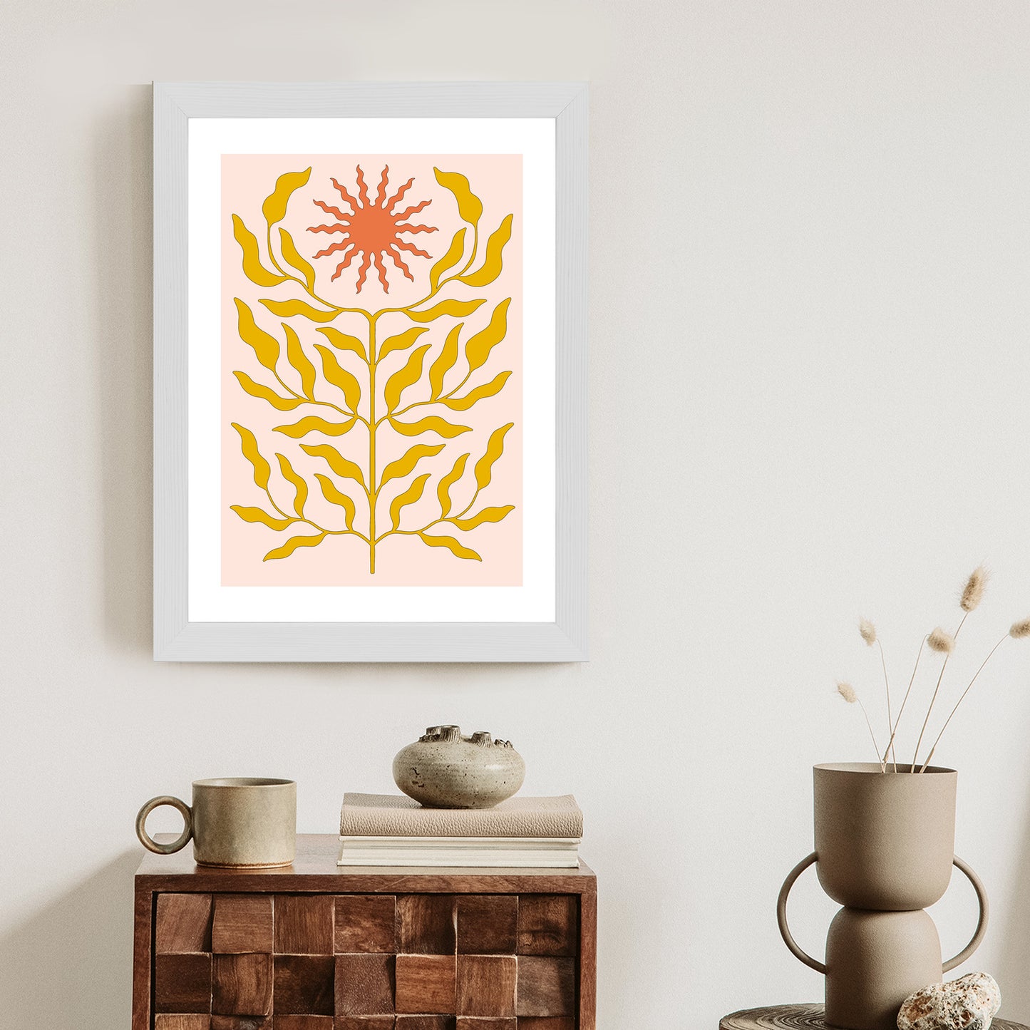 Poster Minimalistische Pflanze Im Boho-Stil Rahmen Holz Mit Passepartout Farbe Natürlich