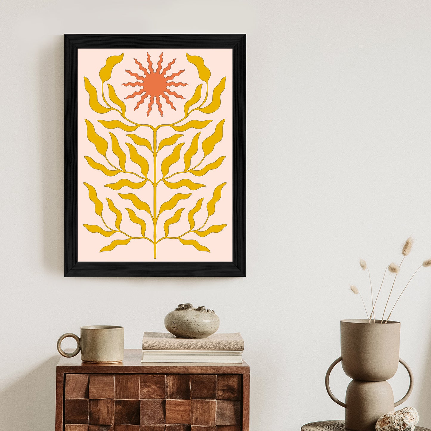 Poster Minimalistische Pflanze Im Boho-Stil Rahmen Holz Mit Passepartout Farbe Natürlich