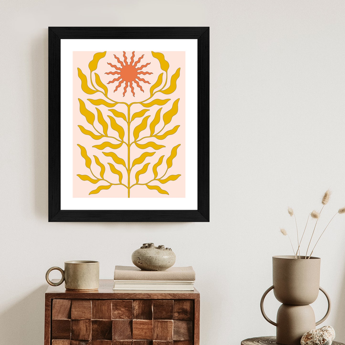 Poster Minimalistische Pflanze Im Boho-Stil Rahmen Holz Mit Passepartout Farbe Natürlich