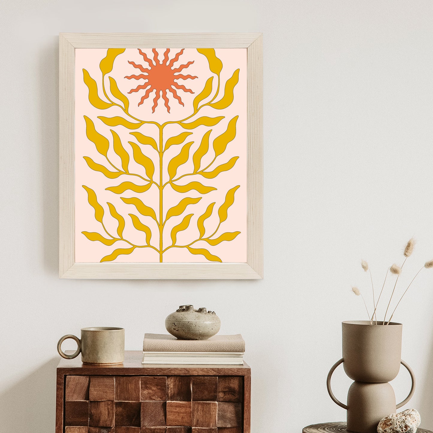Poster Minimalistische Pflanze Im Boho-Stil Rahmen Holz Mit Passepartout Farbe Natürlich