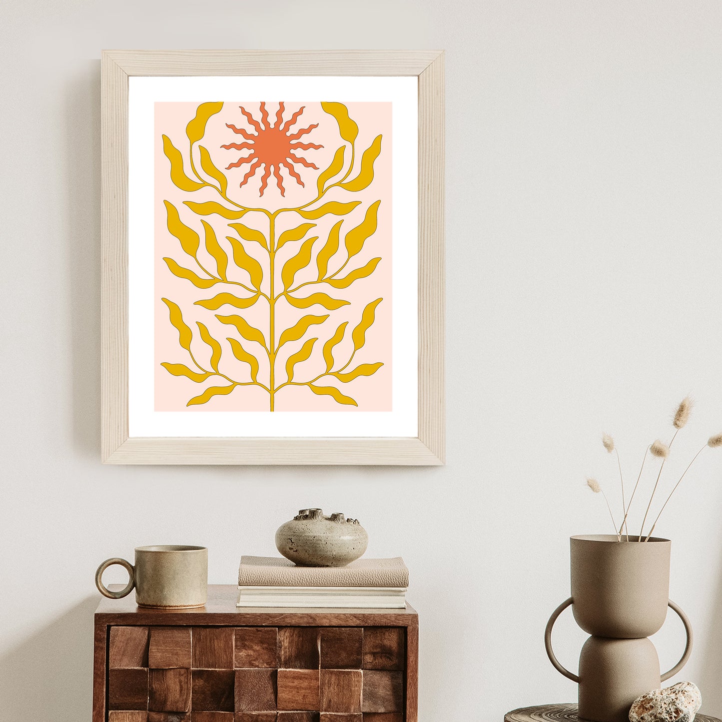 Poster Minimalistische Pflanze Im Boho-Stil Rahmen Holz Mit Passepartout Farbe Natürlich