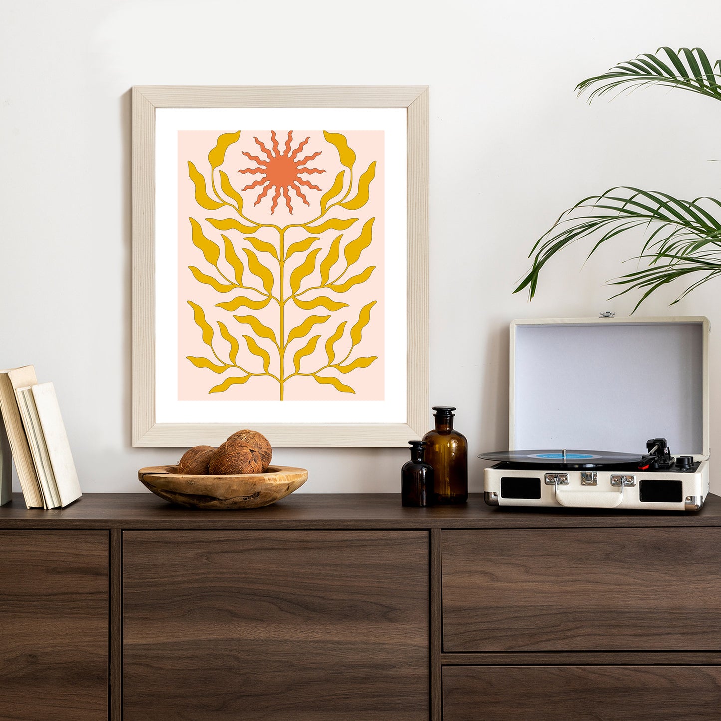Poster Minimalistische Pflanze Im Boho-Stil Rahmen Holz Mit Passepartout Farbe Natürlich