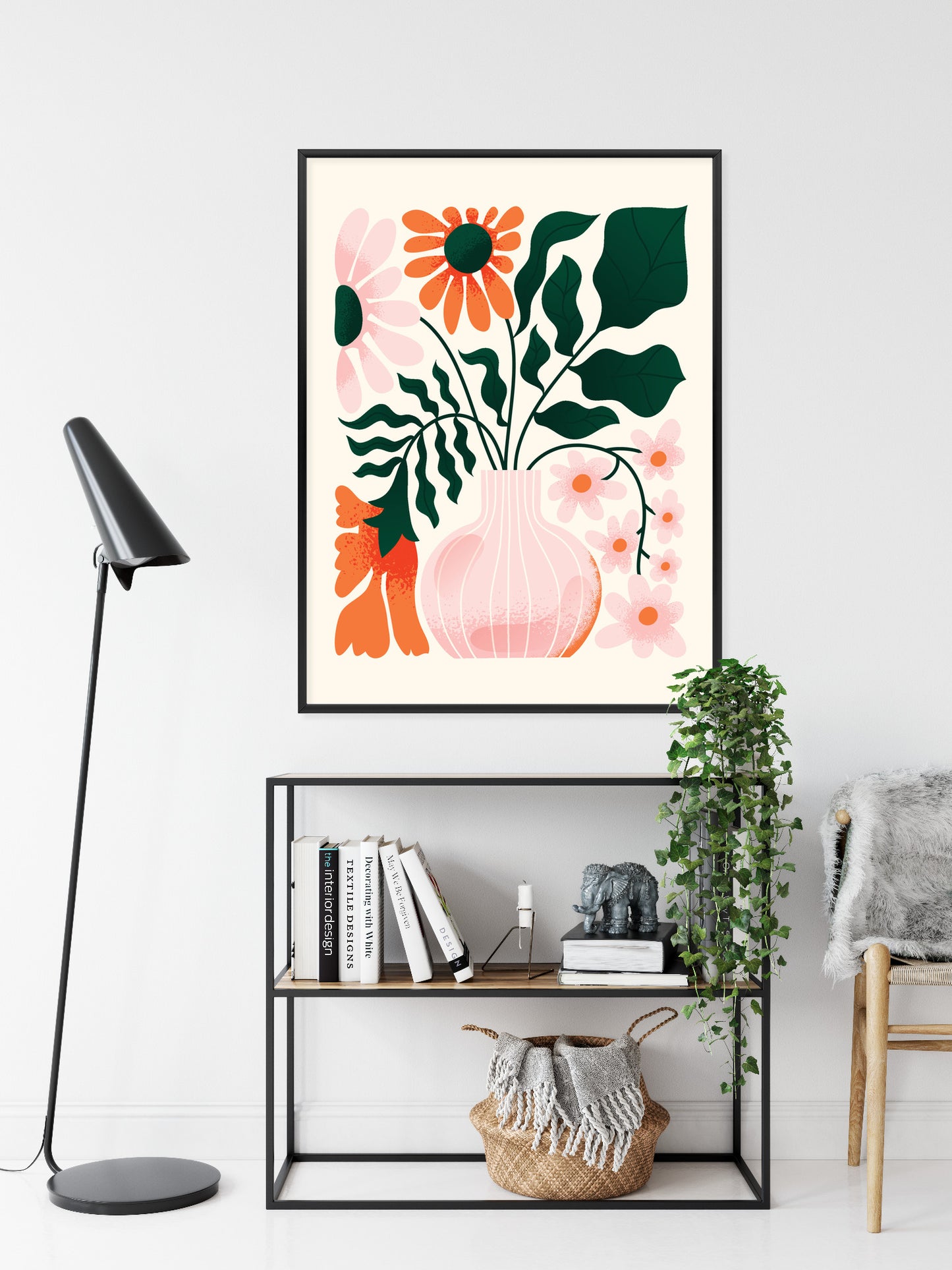 Poster Ein Blumenstrauß In Einer Rosa Vase Rahmen Holz Mit Passepartout Farbe Natürlich