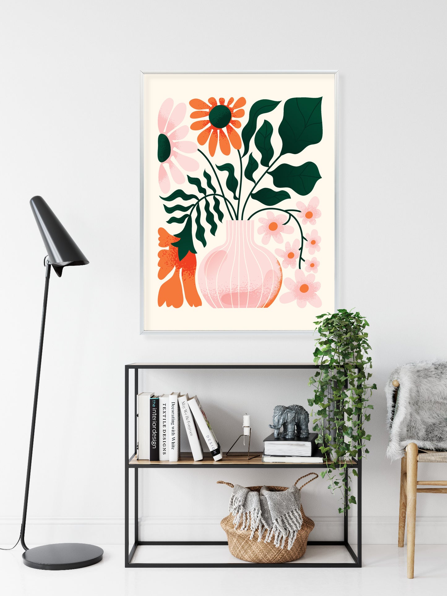Poster Ein Blumenstrauß In Einer Rosa Vase Rahmen Holz Mit Passepartout Farbe Natürlich