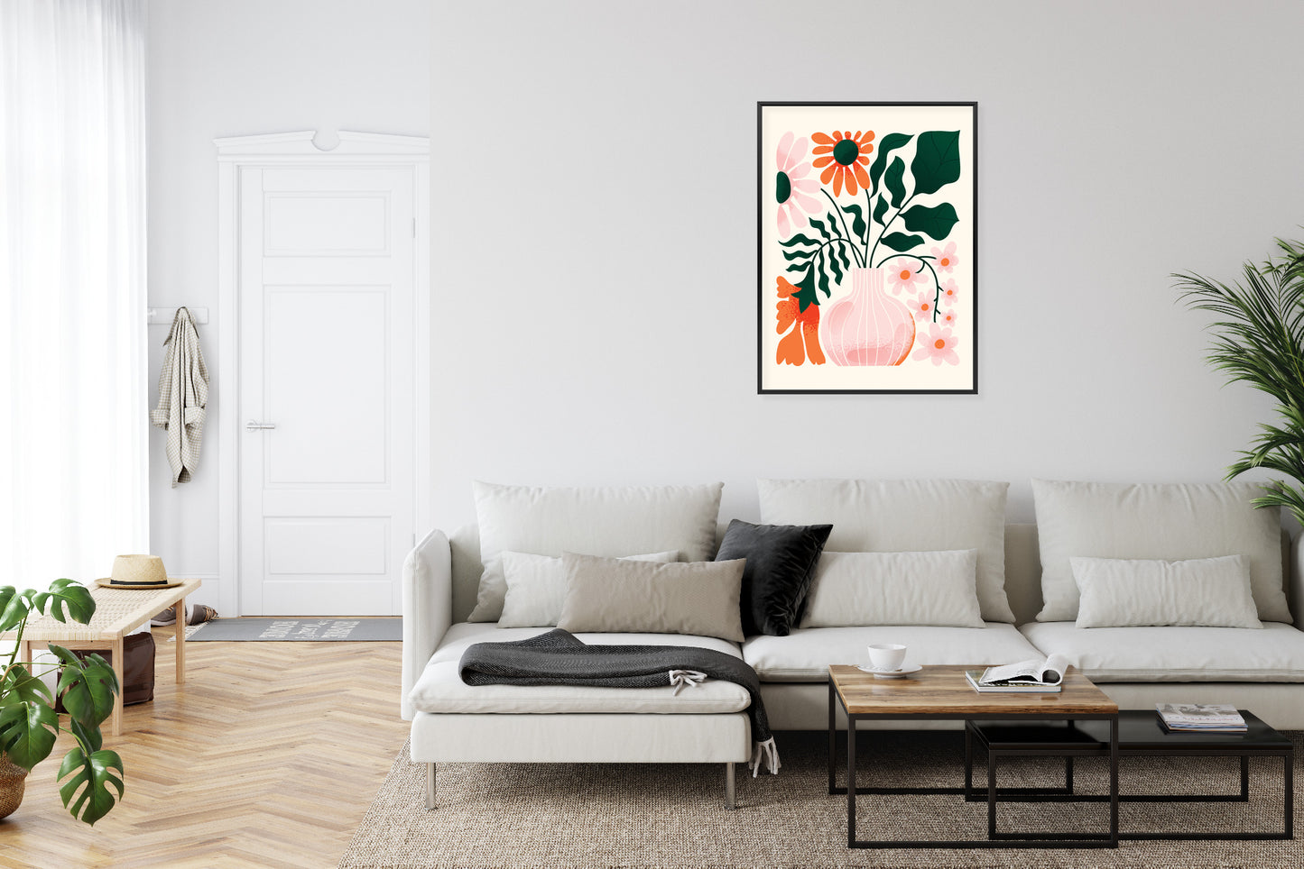 Poster Ein Blumenstrauß In Einer Rosa Vase Rahmen Holz Mit Passepartout Farbe Natürlich