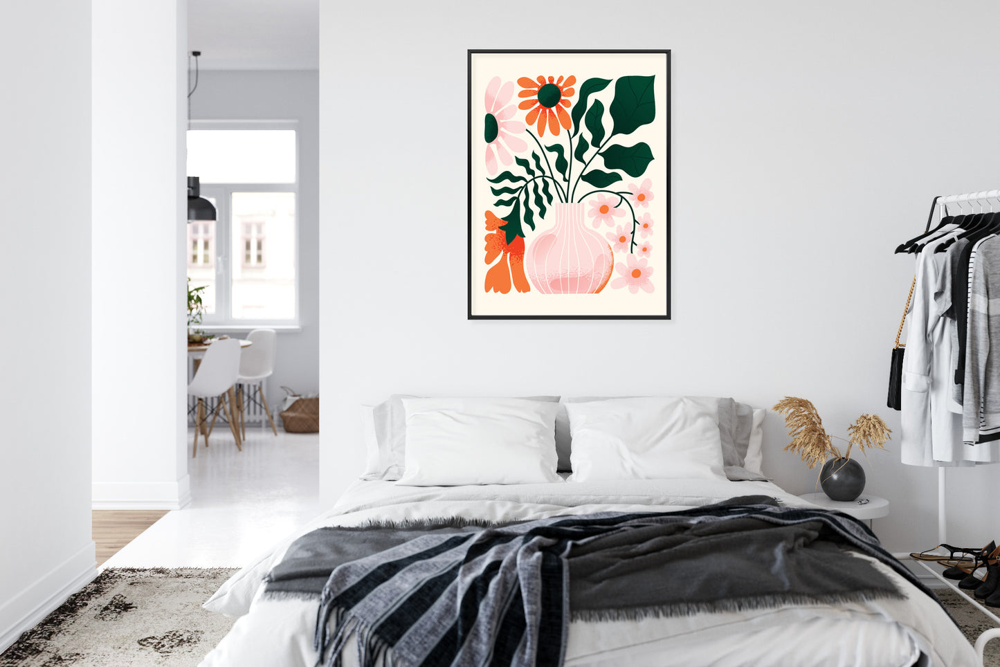 Poster Ein Blumenstrauß In Einer Rosa Vase Rahmen Holz Mit Passepartout Farbe Natürlich