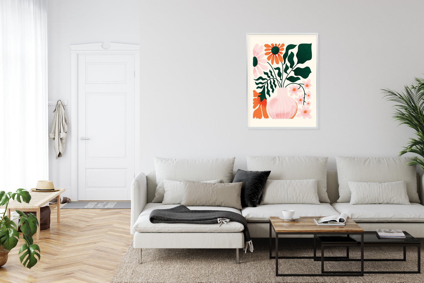 Poster Ein Blumenstrauß In Einer Rosa Vase Rahmen Holz Mit Passepartout Farbe Natürlich