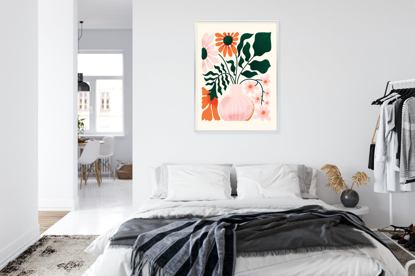Poster Ein Blumenstrauß In Einer Rosa Vase Rahmen Holz Mit Passepartout Farbe Natürlich