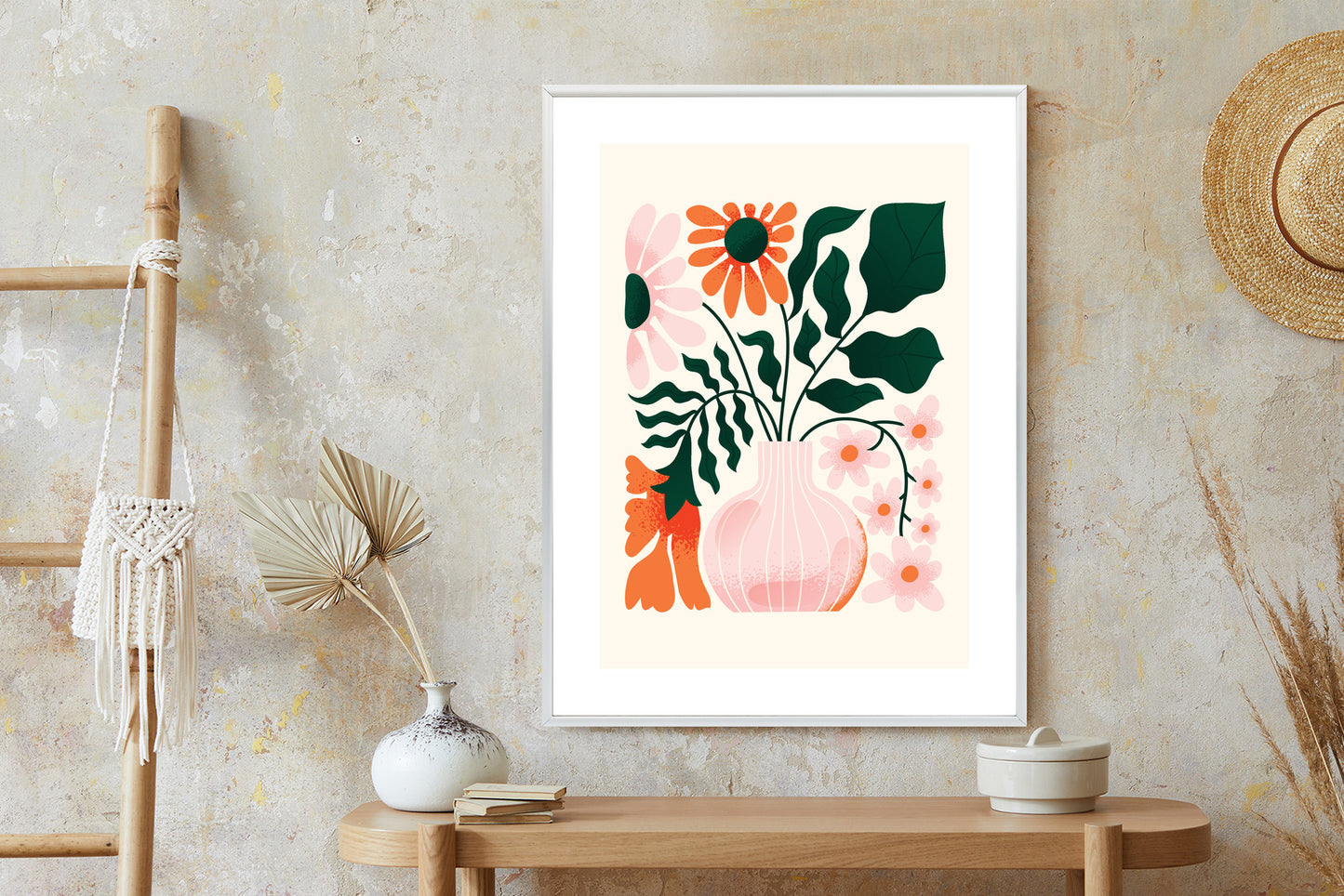 Poster Ein Blumenstrauß In Einer Rosa Vase Rahmen Holz Mit Passepartout Farbe Natürlich