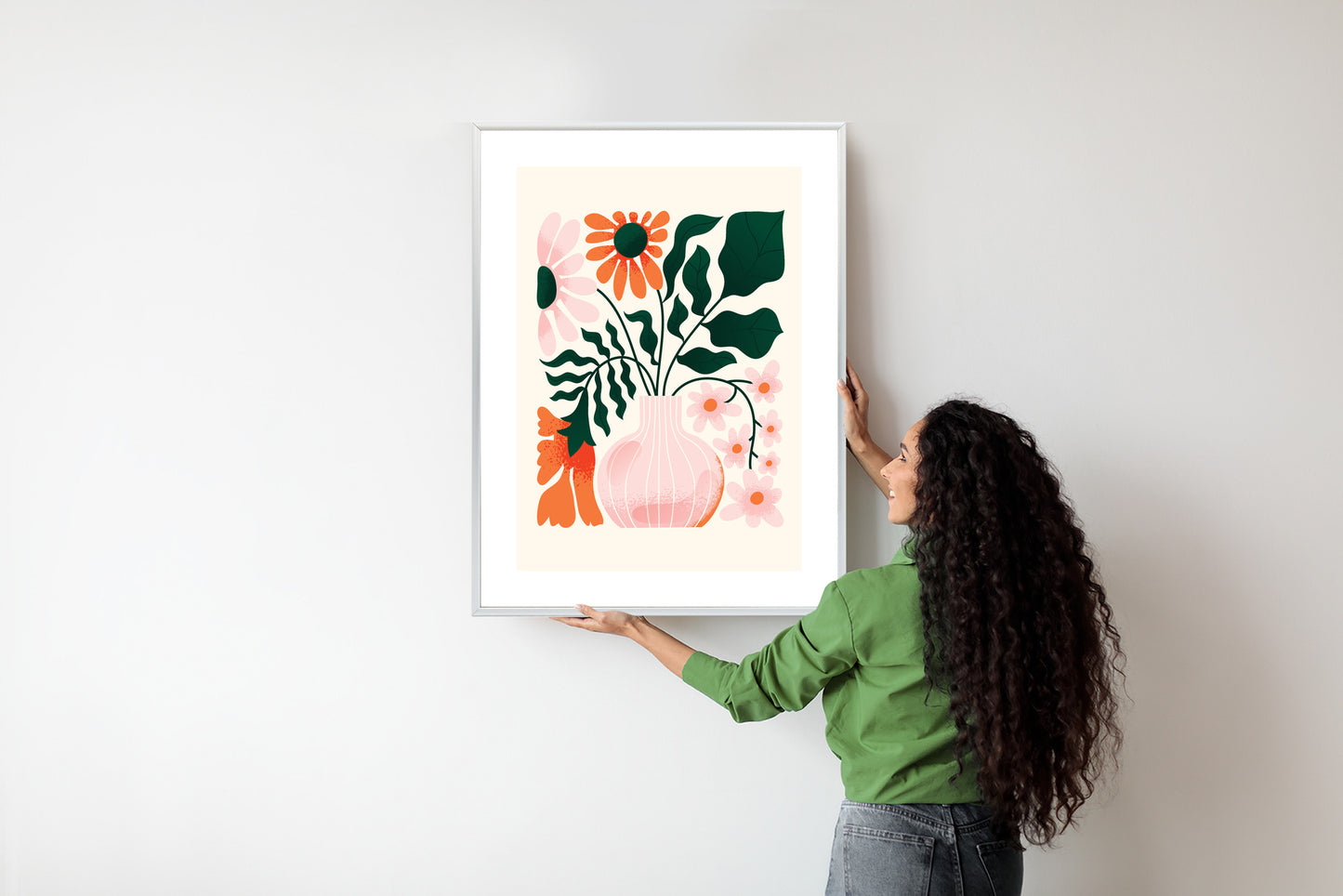 Poster Ein Blumenstrauß In Einer Rosa Vase Rahmen Holz Mit Passepartout Farbe Natürlich