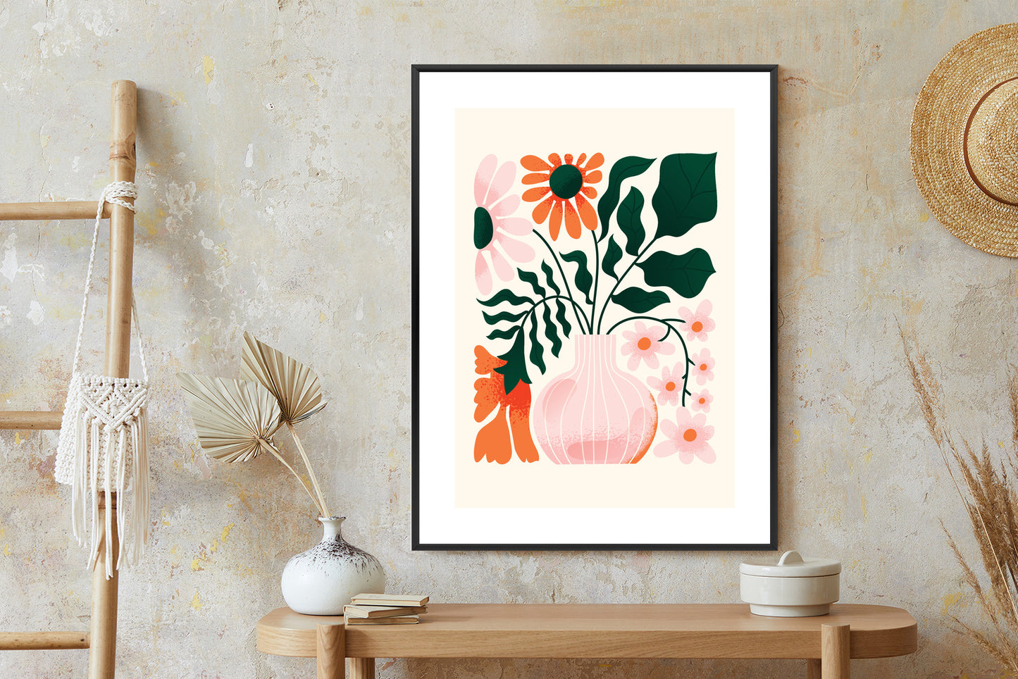 Poster Ein Blumenstrauß In Einer Rosa Vase Rahmen Holz Mit Passepartout Farbe Natürlich
