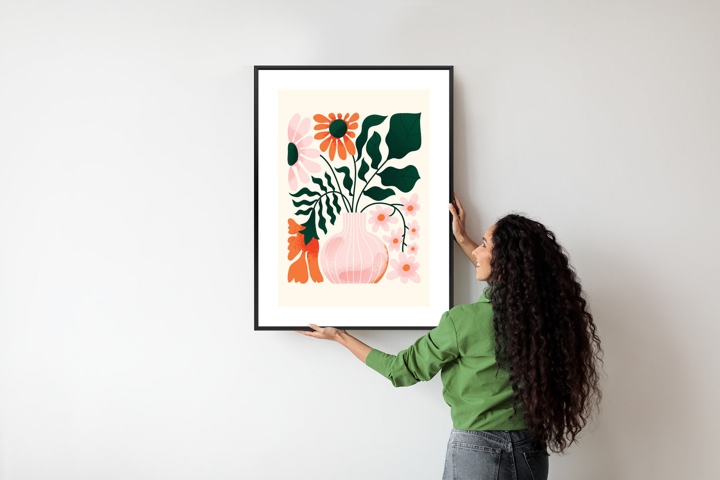 Poster Ein Blumenstrauß In Einer Rosa Vase Rahmen Holz Mit Passepartout Farbe Natürlich