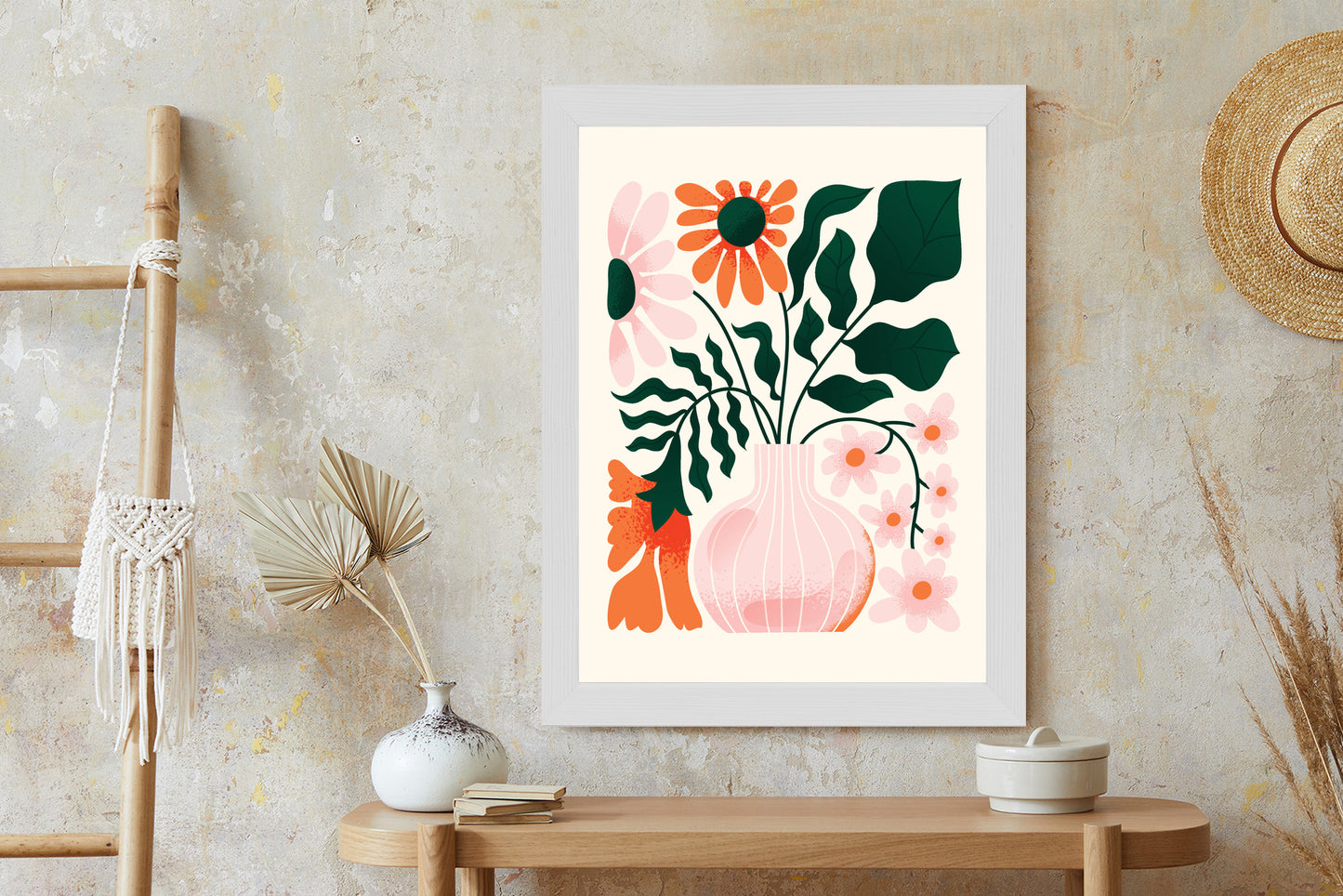 Poster Ein Blumenstrauß In Einer Rosa Vase Rahmen Holz Mit Passepartout Farbe Natürlich